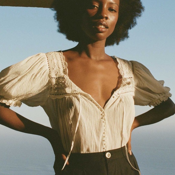 DOEN White Lightweight Square Neck Button Down Lace Puff Sleeve Anneth Blouse M - Picture 4 of 17